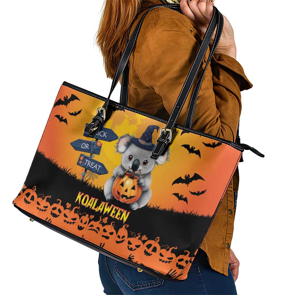 Happy Koalaween Leather Tote Bag Koala Ghost Trick or Treat