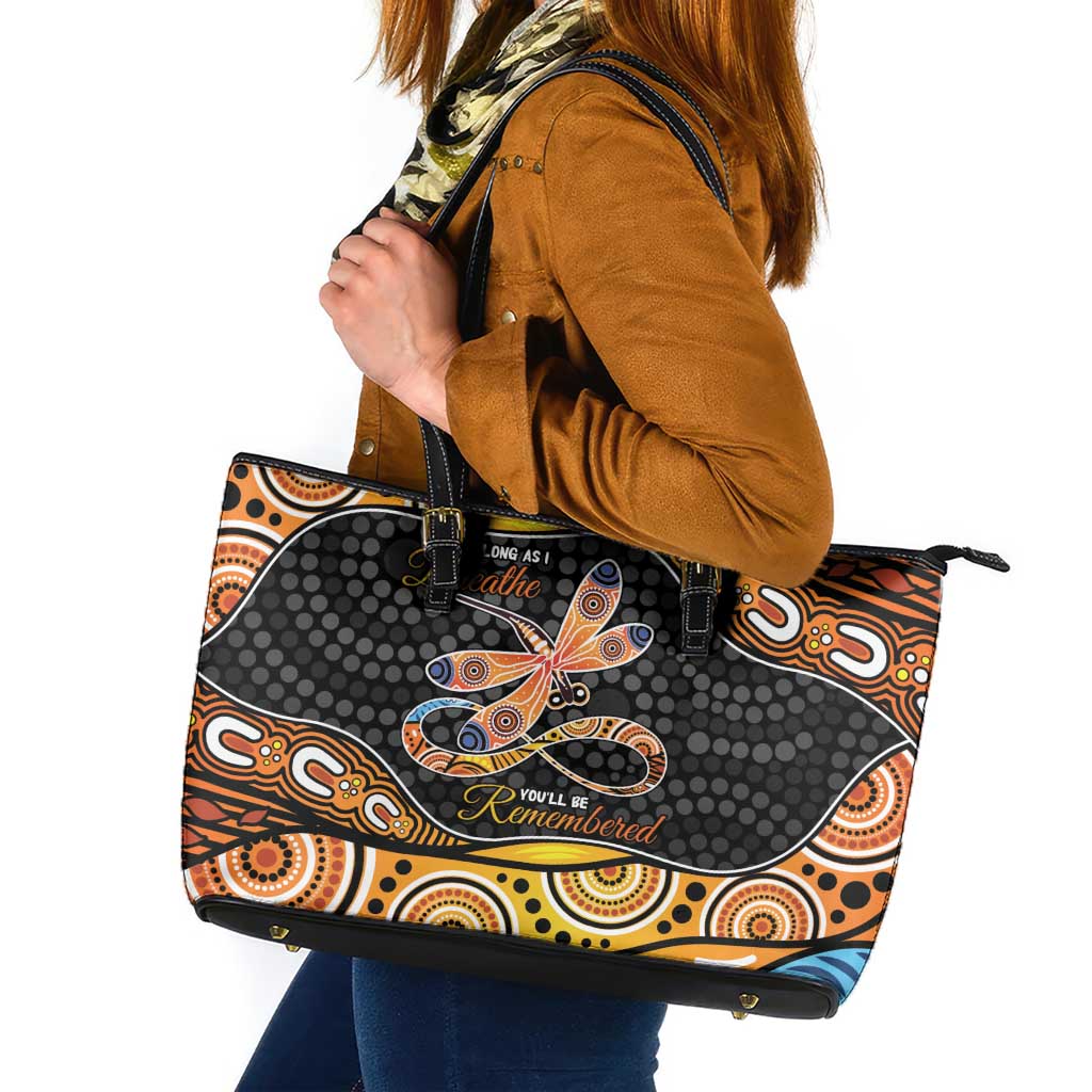 Aboriginal Dragonfly Leather Tote Bag As Long As I Breathe You'll Be Remembered