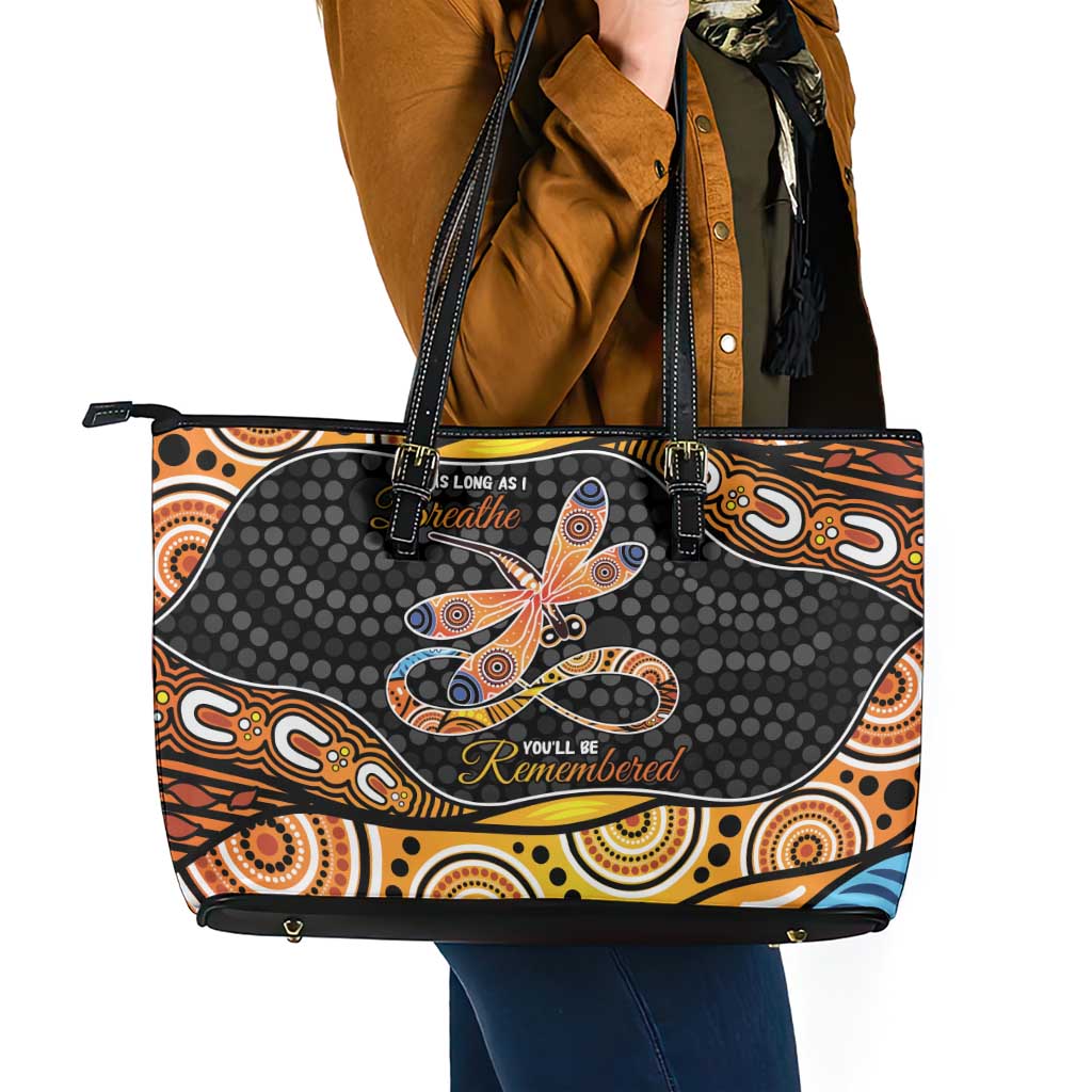 Aboriginal Dragonfly Leather Tote Bag As Long As I Breathe You'll Be Remembered