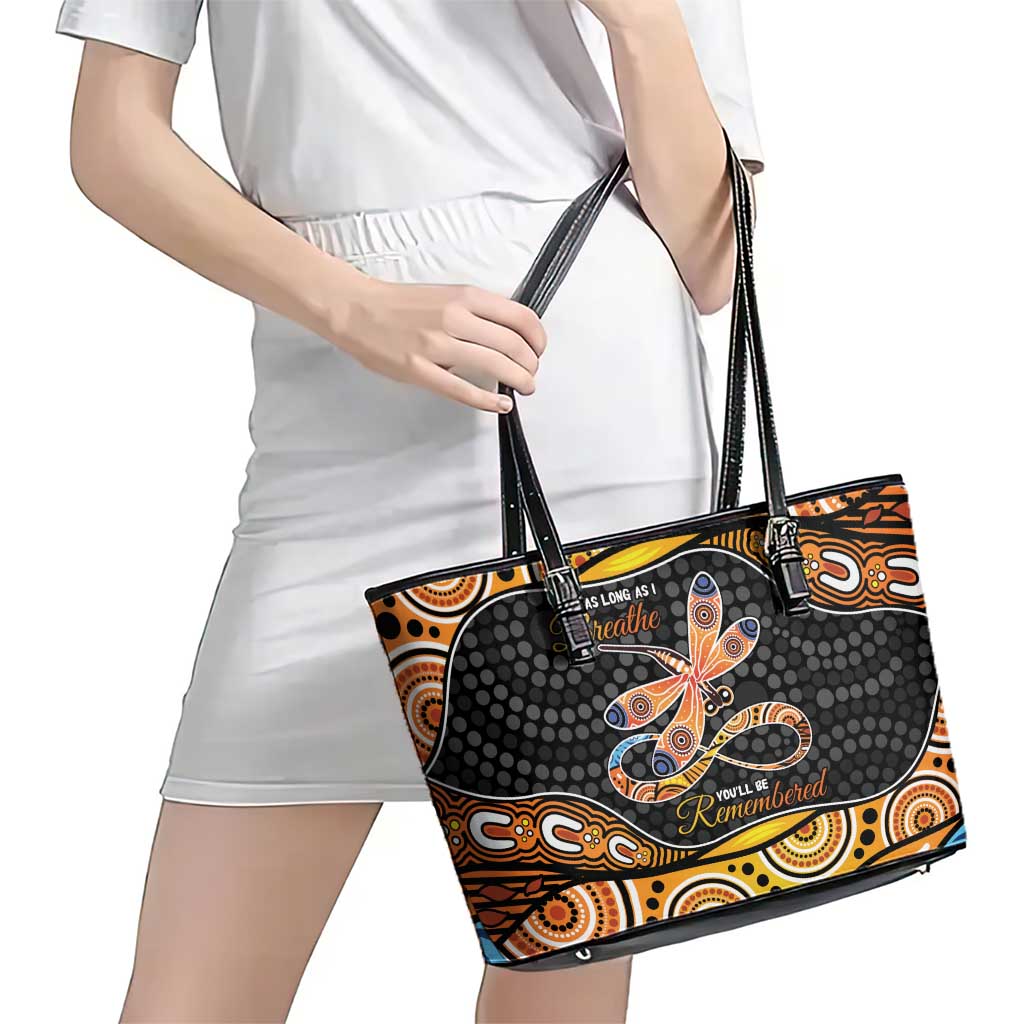 Aboriginal Dragonfly Leather Tote Bag As Long As I Breathe You'll Be Remembered