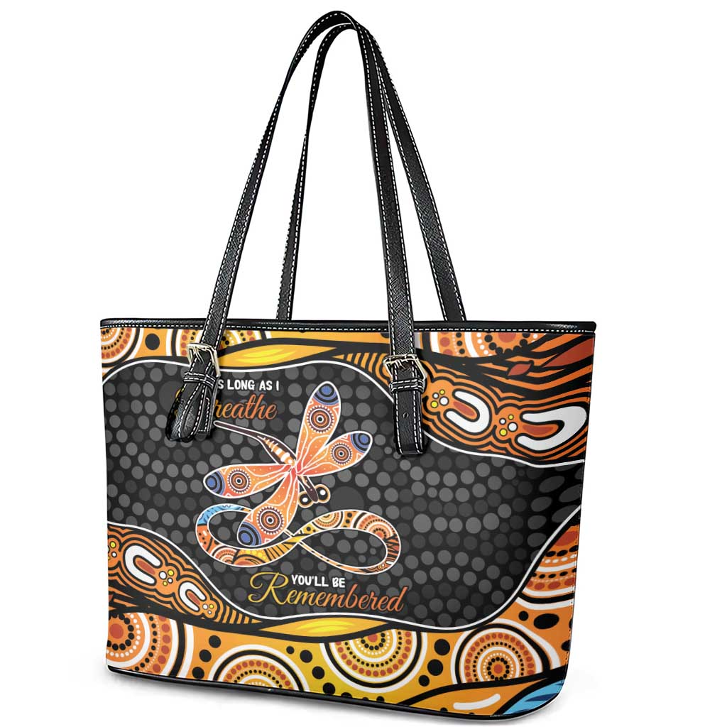 Aboriginal Dragonfly Leather Tote Bag As Long As I Breathe You'll Be Remembered