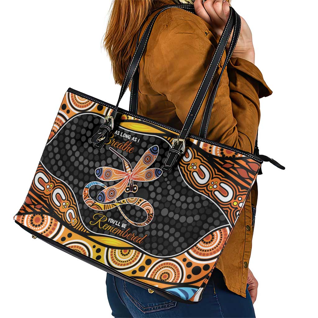 Aboriginal Dragonfly Leather Tote Bag As Long As I Breathe You'll Be Remembered