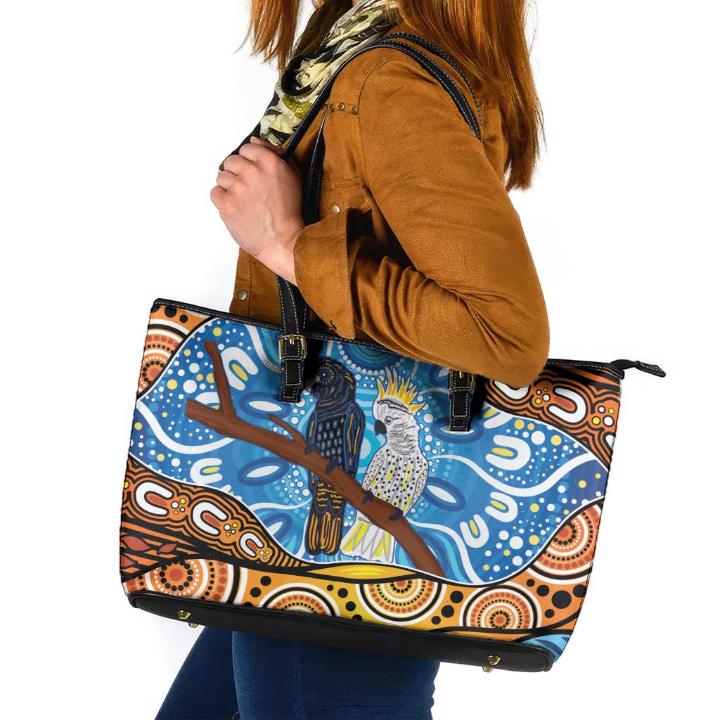 Australia Birds Aboriginal Art Leather Tote Bag