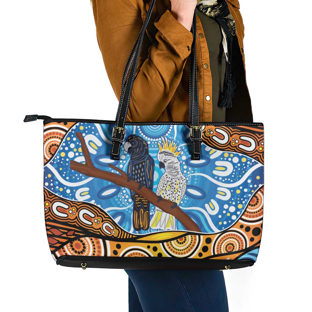 Australia Birds Aboriginal Art Leather Tote Bag