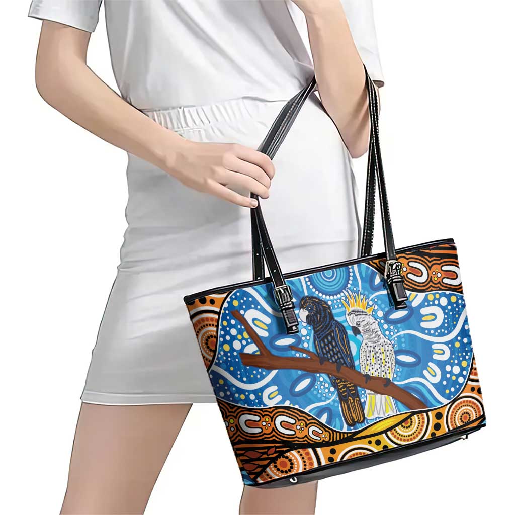 Australia Birds Aboriginal Art Leather Tote Bag