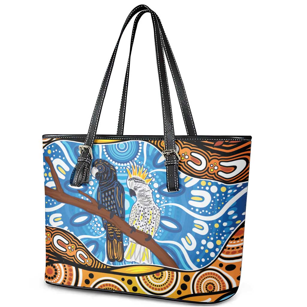 Australia Birds Aboriginal Art Leather Tote Bag