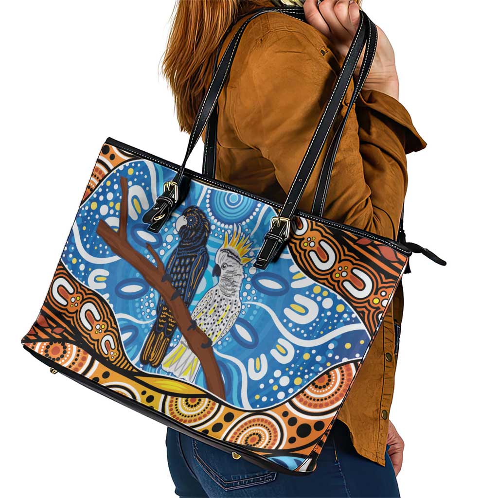 Australia Birds Aboriginal Art Leather Tote Bag