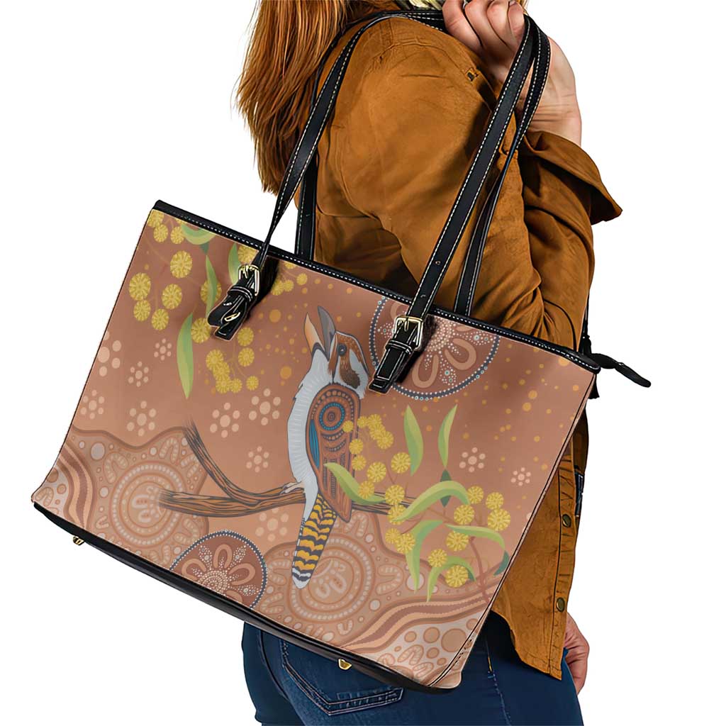 Kookaburra Aboriginal Dot Painting Leather Tote Bag