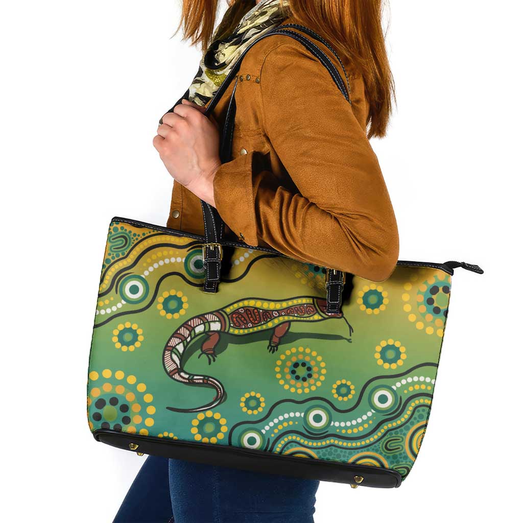 Goanna Aboriginal-style Dot Artwork Leather Tote Bag