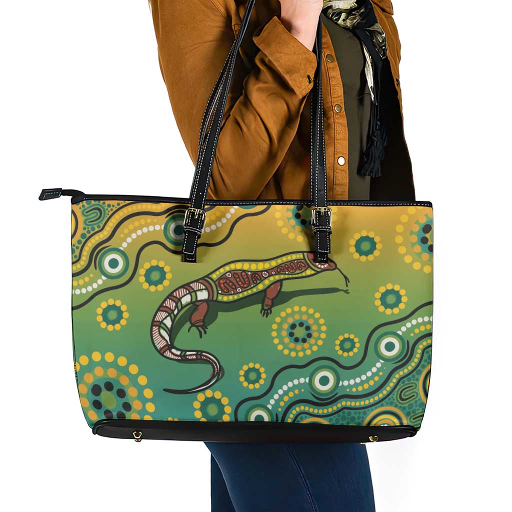 Goanna Aboriginal-style Dot Artwork Leather Tote Bag