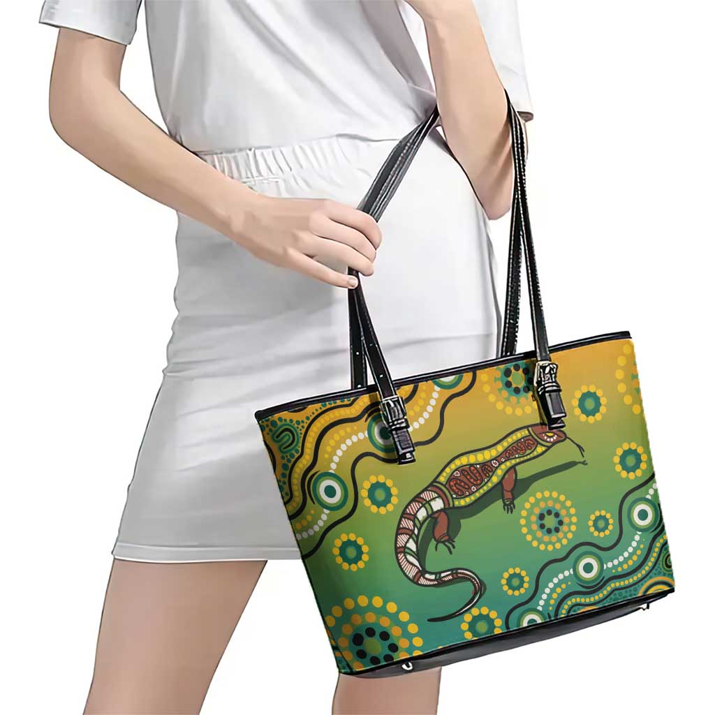 Goanna Aboriginal-style Dot Artwork Leather Tote Bag