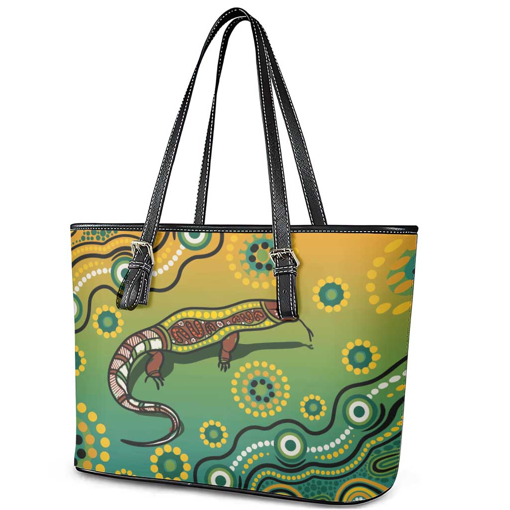 Goanna Aboriginal-style Dot Artwork Leather Tote Bag