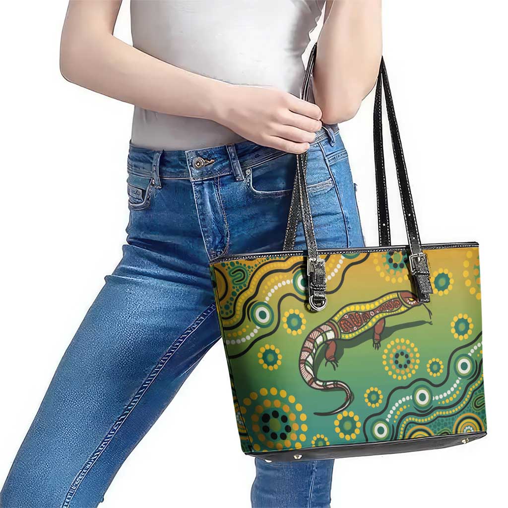 Goanna Aboriginal-style Dot Artwork Leather Tote Bag