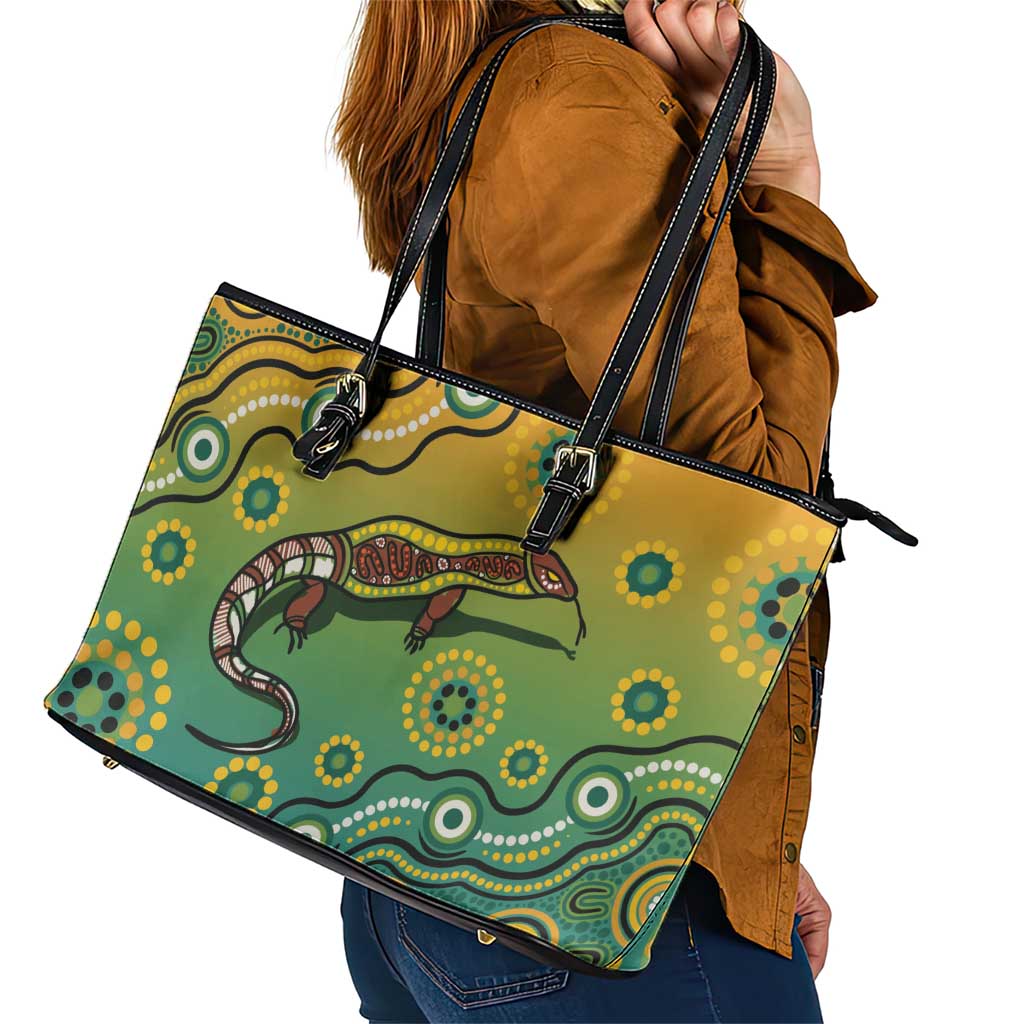 Goanna Aboriginal-style Dot Artwork Leather Tote Bag