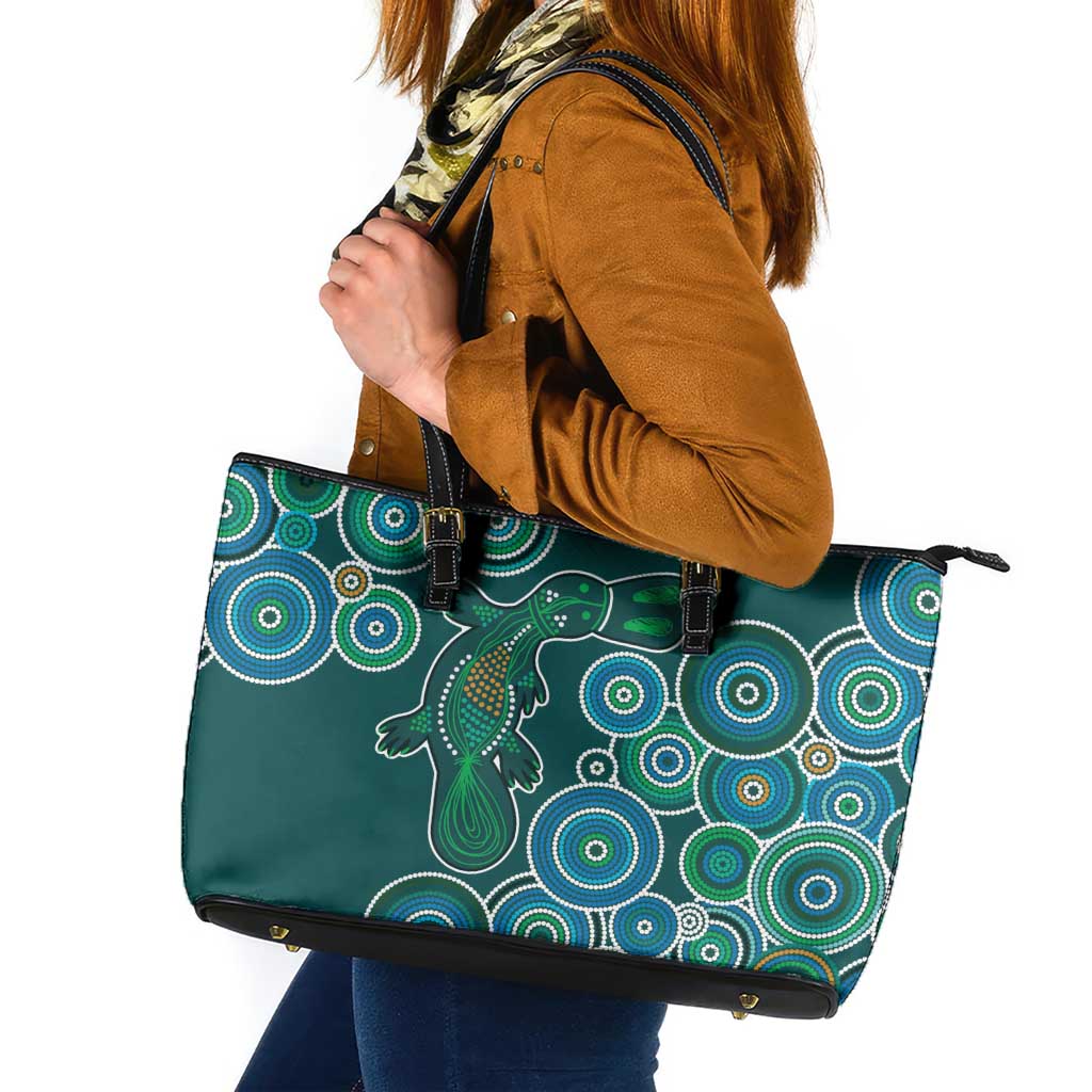 Green Platypus Aboriginal Art Leather Tote Bag