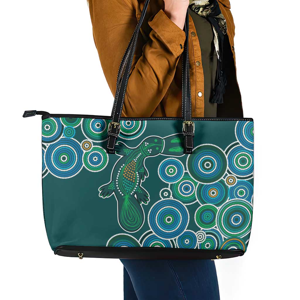 Green Platypus Aboriginal Art Leather Tote Bag