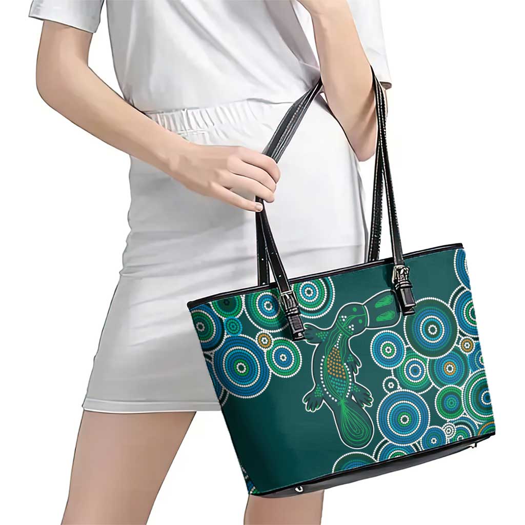 Green Platypus Aboriginal Art Leather Tote Bag