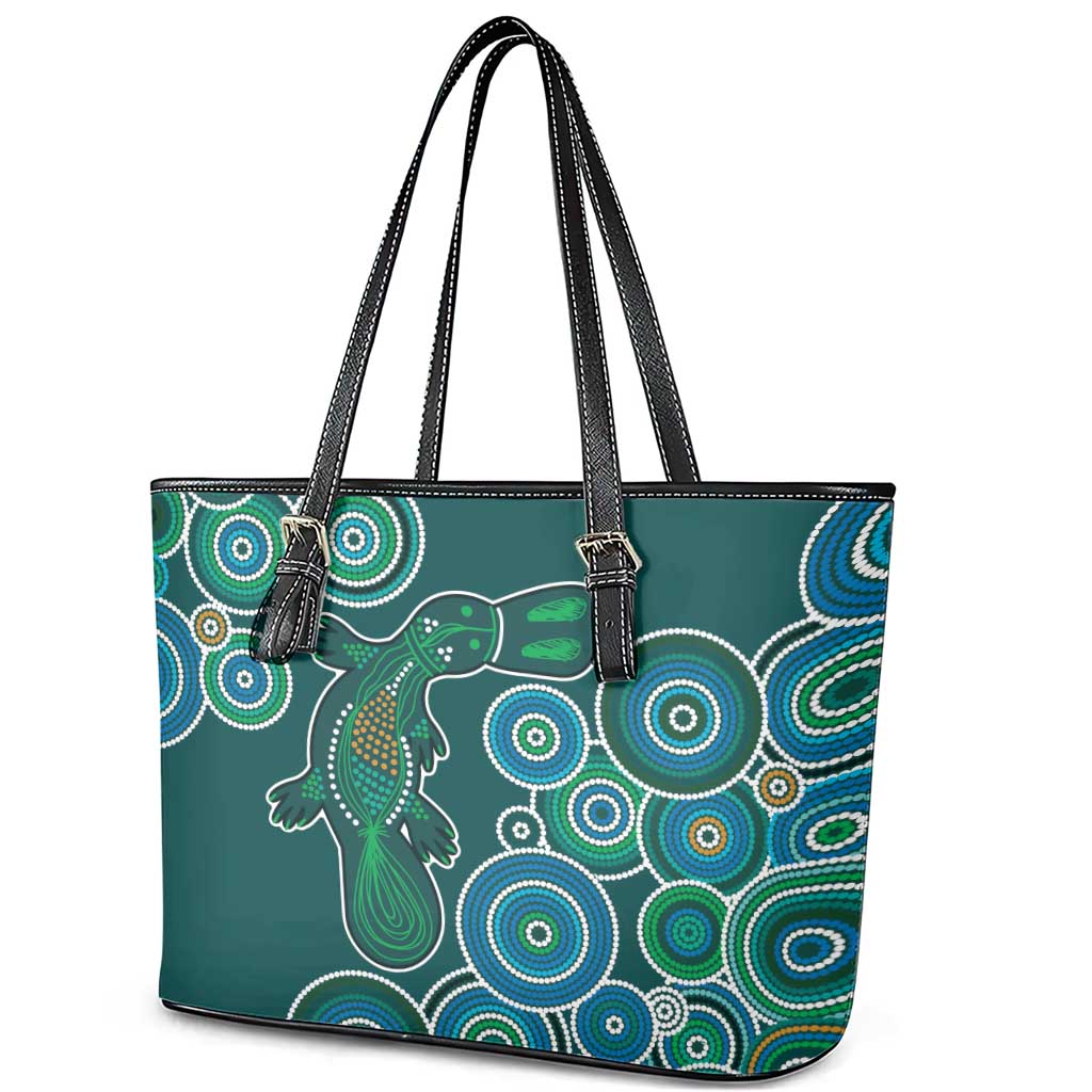 Green Platypus Aboriginal Art Leather Tote Bag