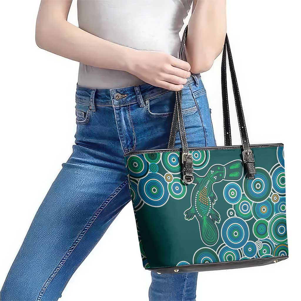 Green Platypus Aboriginal Art Leather Tote Bag