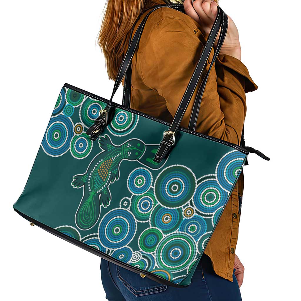 Green Platypus Aboriginal Art Leather Tote Bag