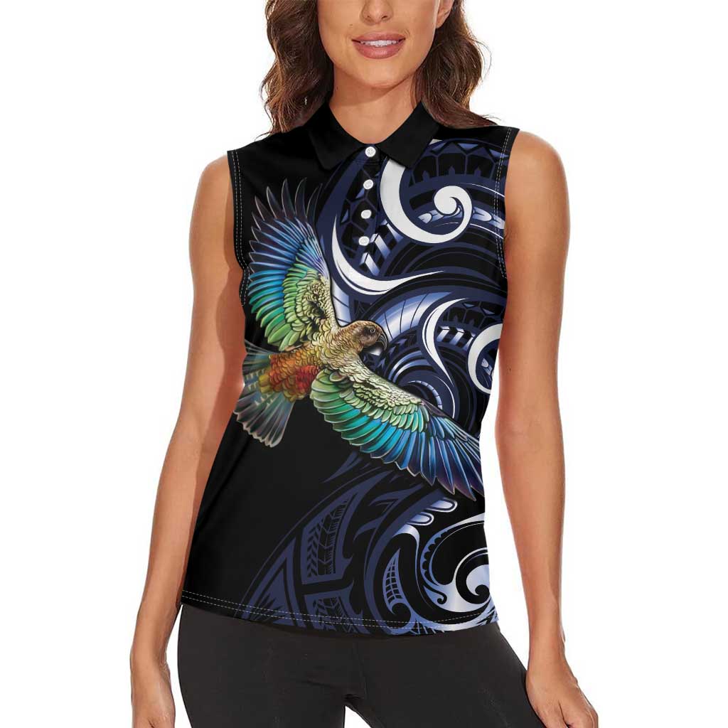 New Zealand Kea Bird Personalised Women Sleeveless Polo Shirt Maori Tribal Koru Art