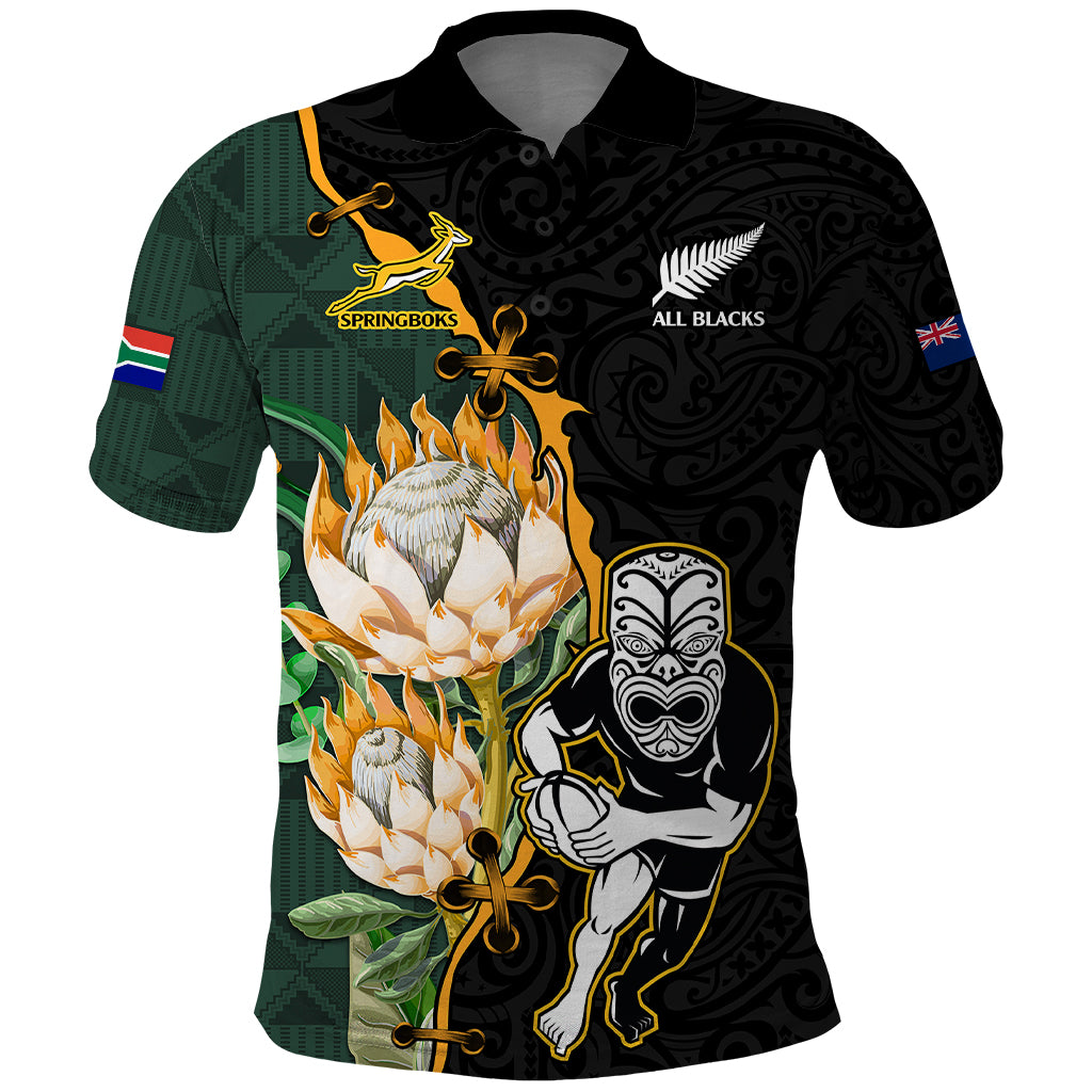 Custom South Africa Protea and New Zealand Polo Shirt Go All Black-Springboks Rugby with Kente And Maori LT9