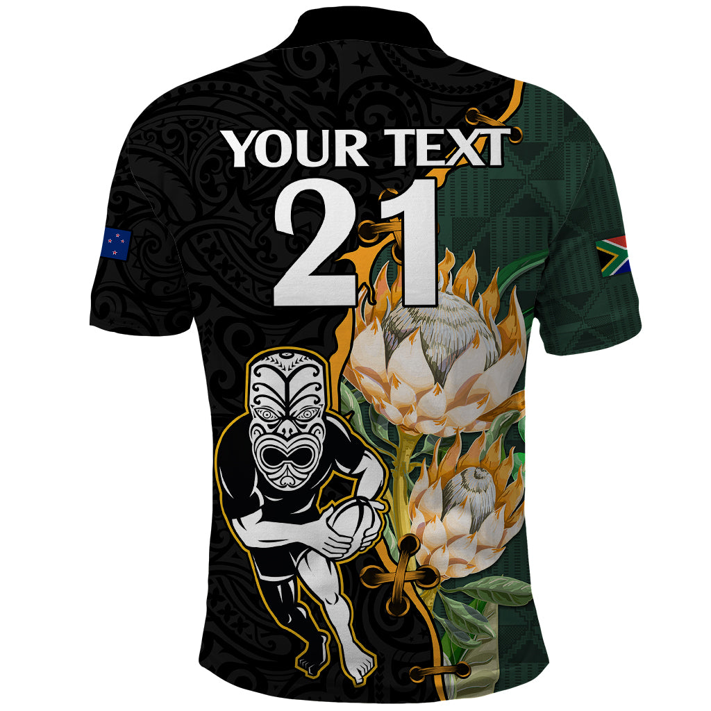 Custom South Africa Protea and New Zealand Polo Shirt Go All Black-Springboks Rugby with Kente And Maori LT9