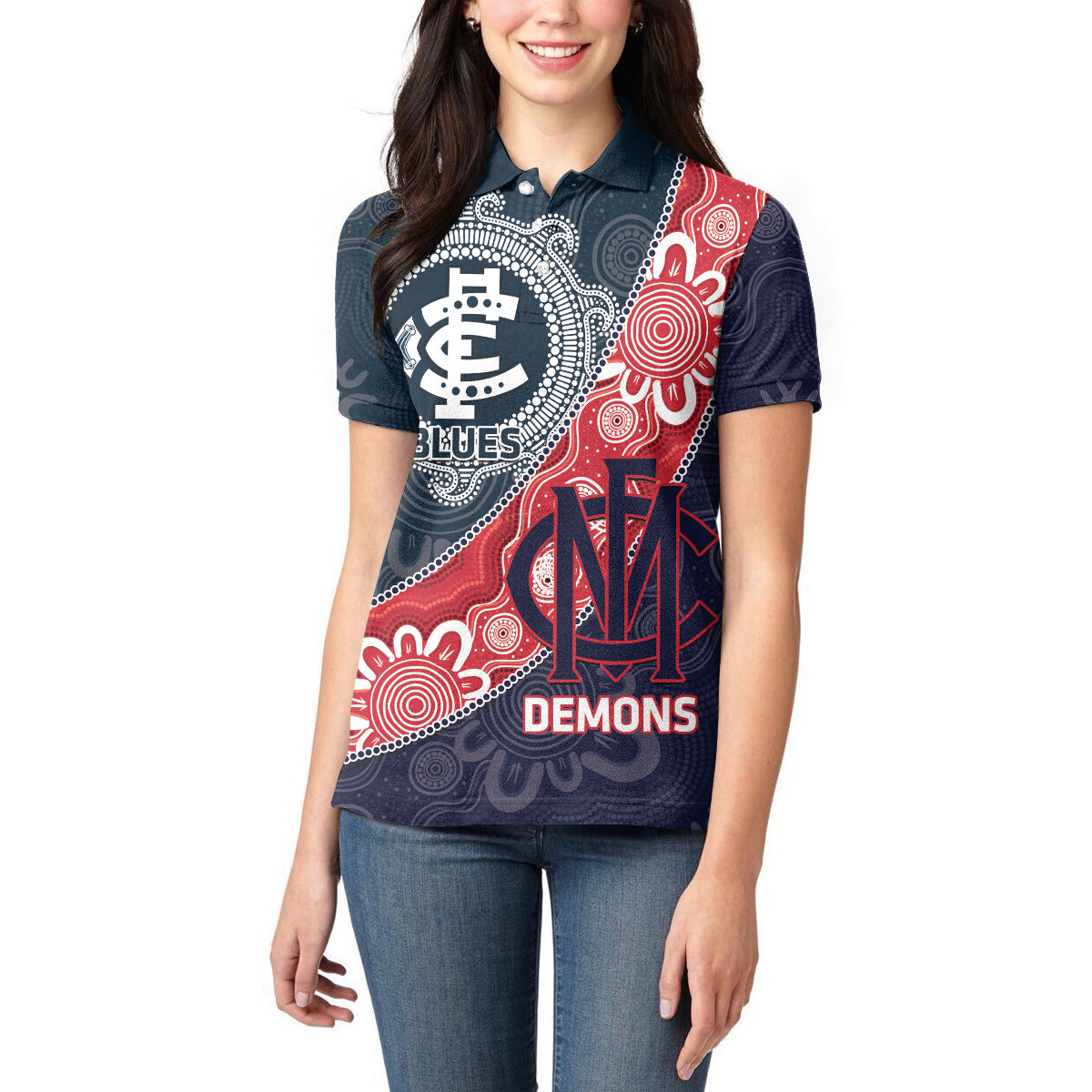 Personalised Demons And Blues Football Women Polo Shirt Aboriginal Art