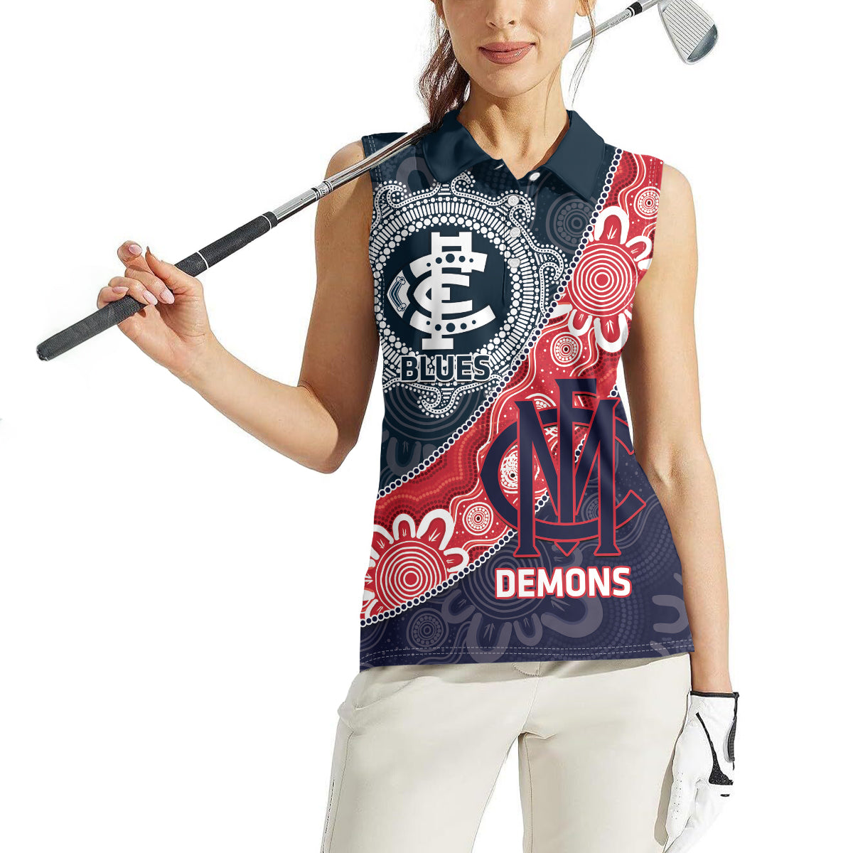 Personalised Demons And Blues Football Women Sleeveless Polo Shirt Aboriginal Art