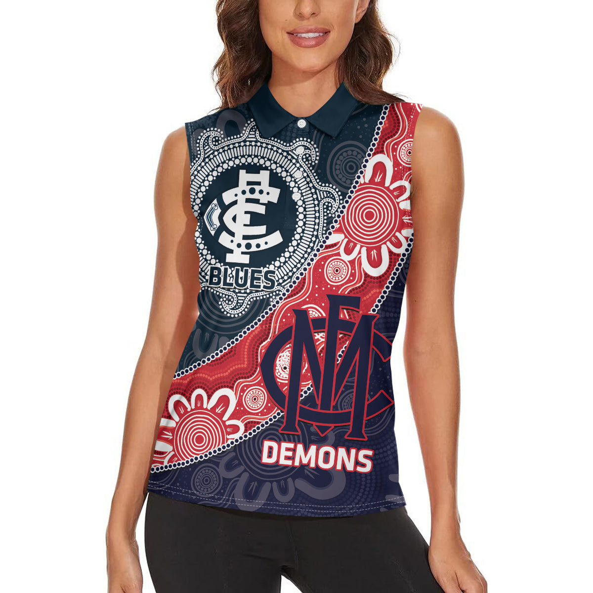 Personalised Demons And Blues Football Women Sleeveless Polo Shirt Aboriginal Art