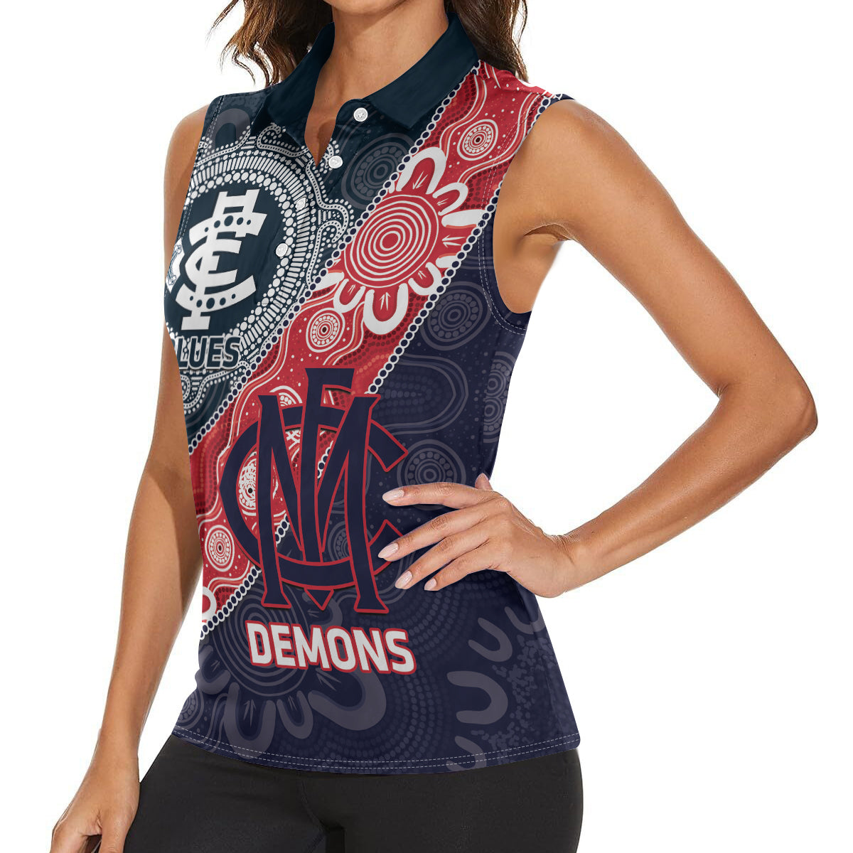 Personalised Demons And Blues Football Women Sleeveless Polo Shirt Aboriginal Art