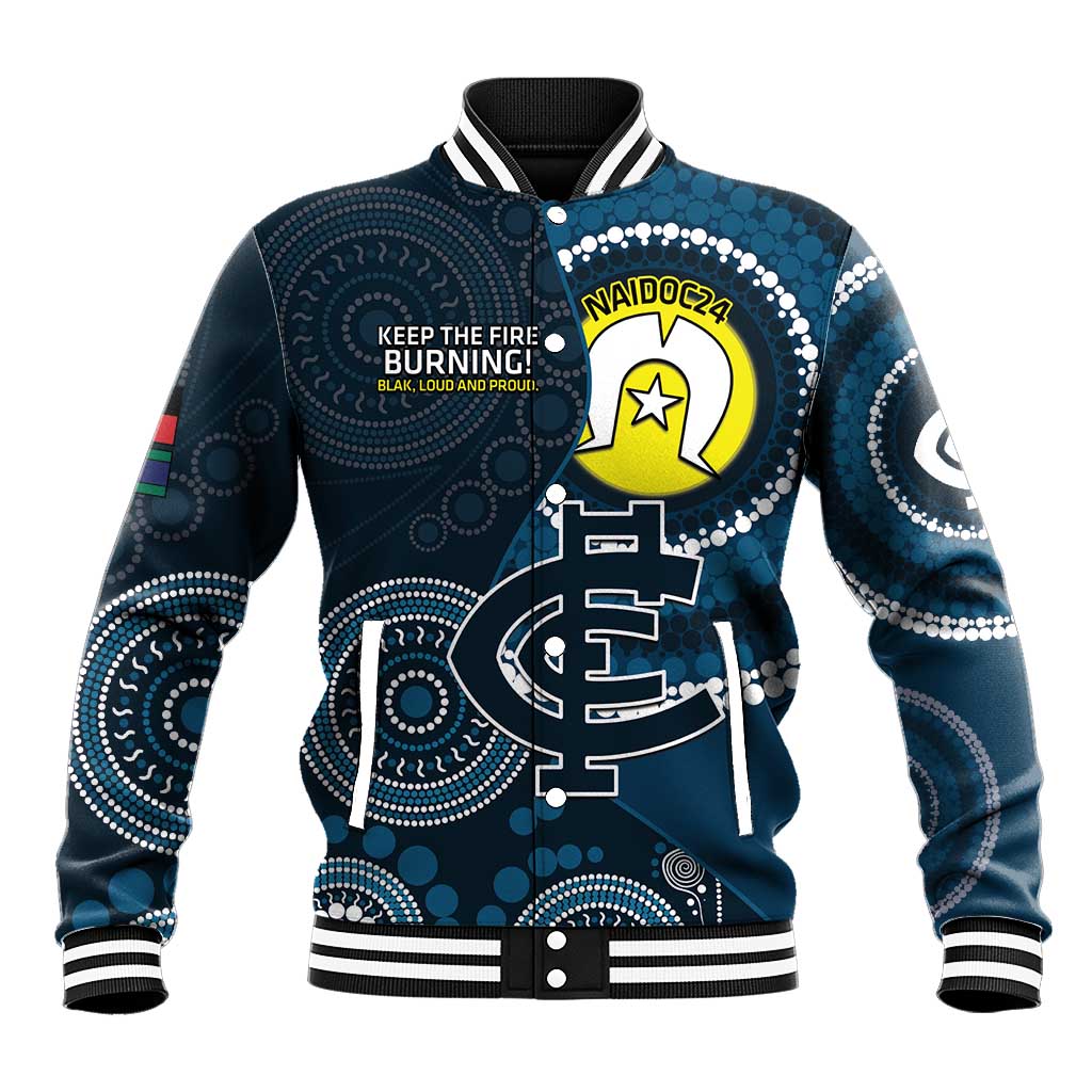 Custom AFL Carlton NAIDOC Week Baseball Jacket Keep The Fire Burning Indigenous Art