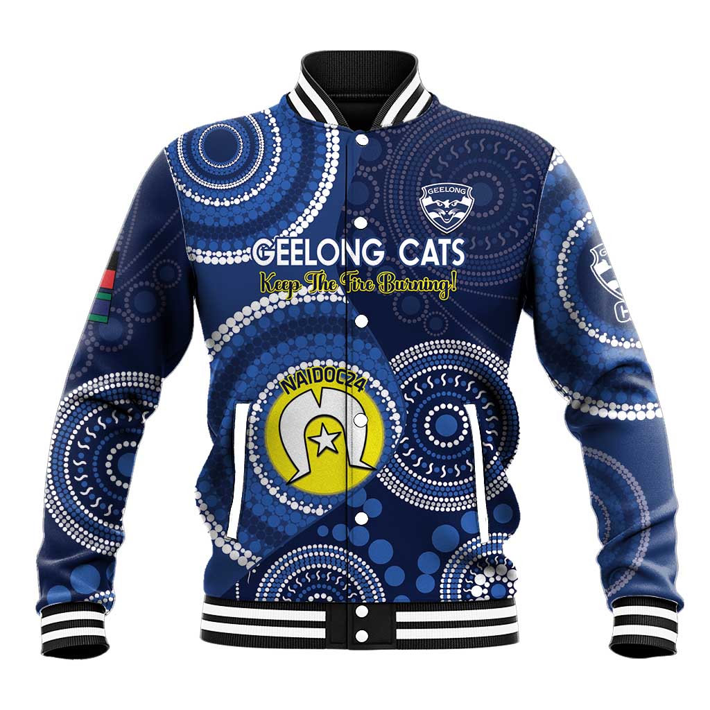 Custom AFL Geelong NAIDOC Week Baseball Jacket Keep The Fire Burning Indigenous Art