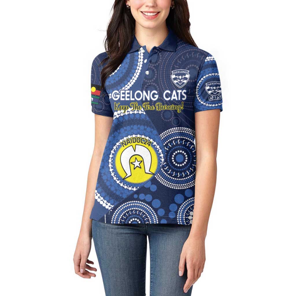 Custom AFL Geelong NAIDOC Week Women Polo Shirt Keep The Fire Burning Indigenous Art