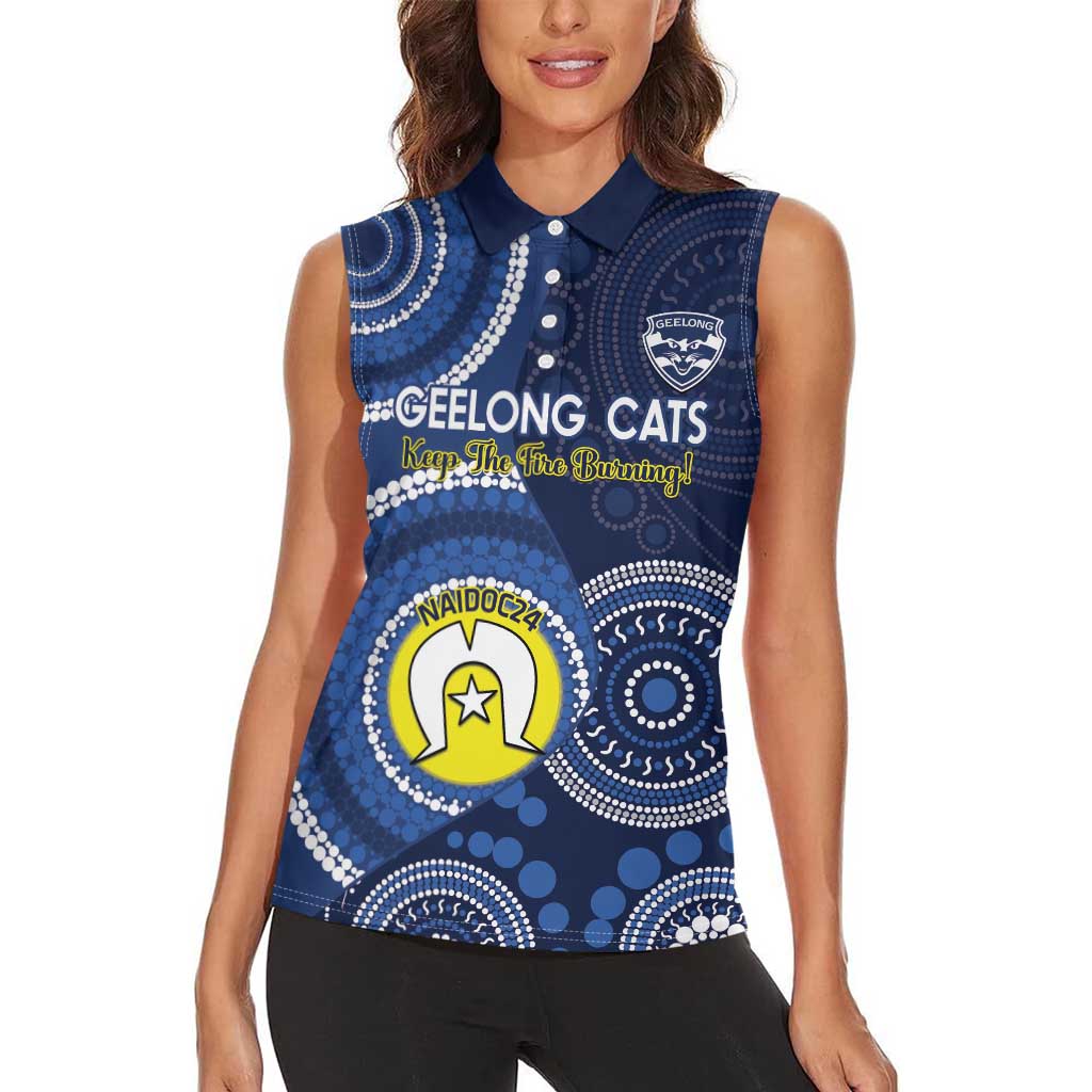 Custom AFL Geelong NAIDOC Week Women Sleeveless Polo Shirt Keep The Fire Burning Indigenous Art