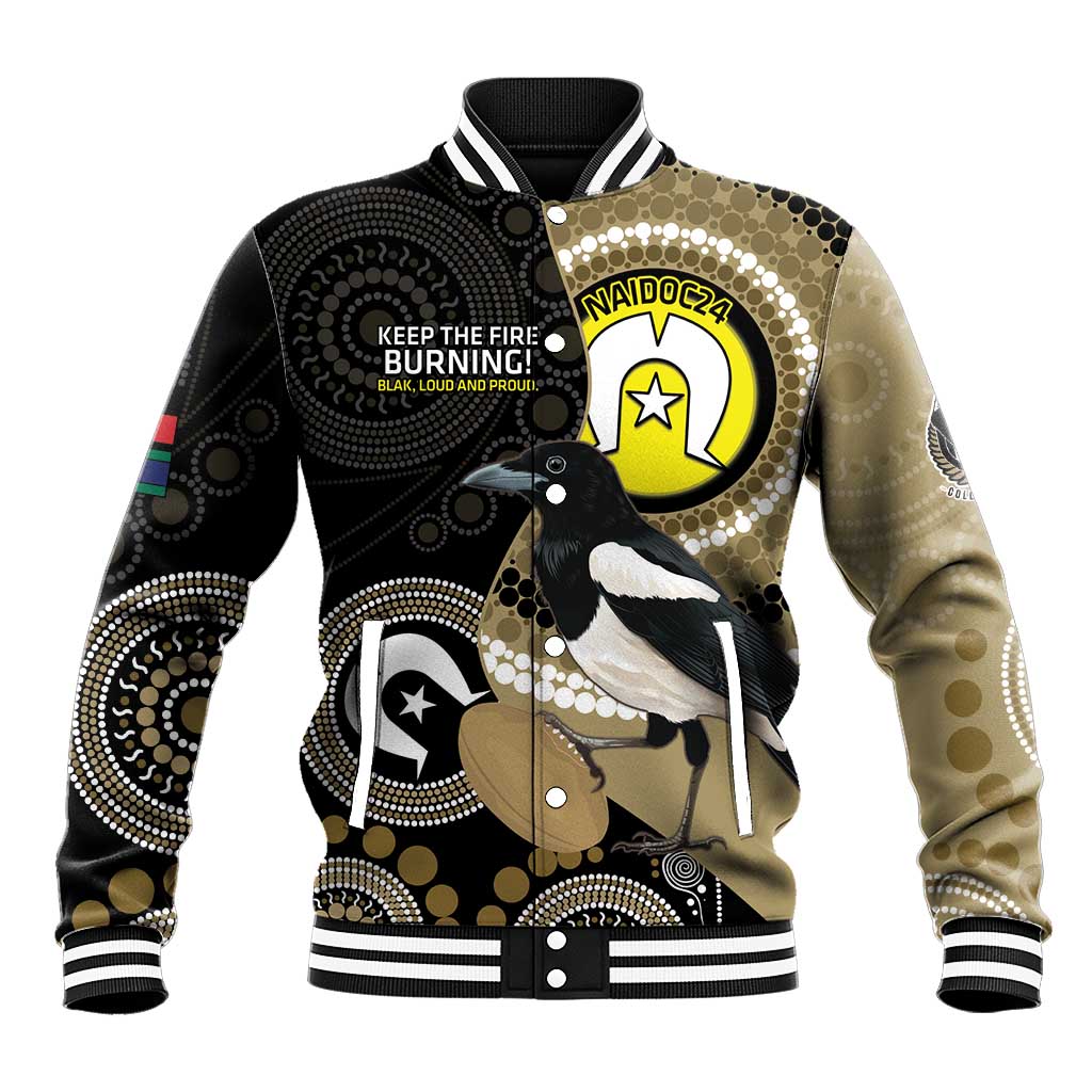 Custom AFL Collingwood NAIDOC Week Baseball Jacket Keep The Fire Burning Indigenous Art