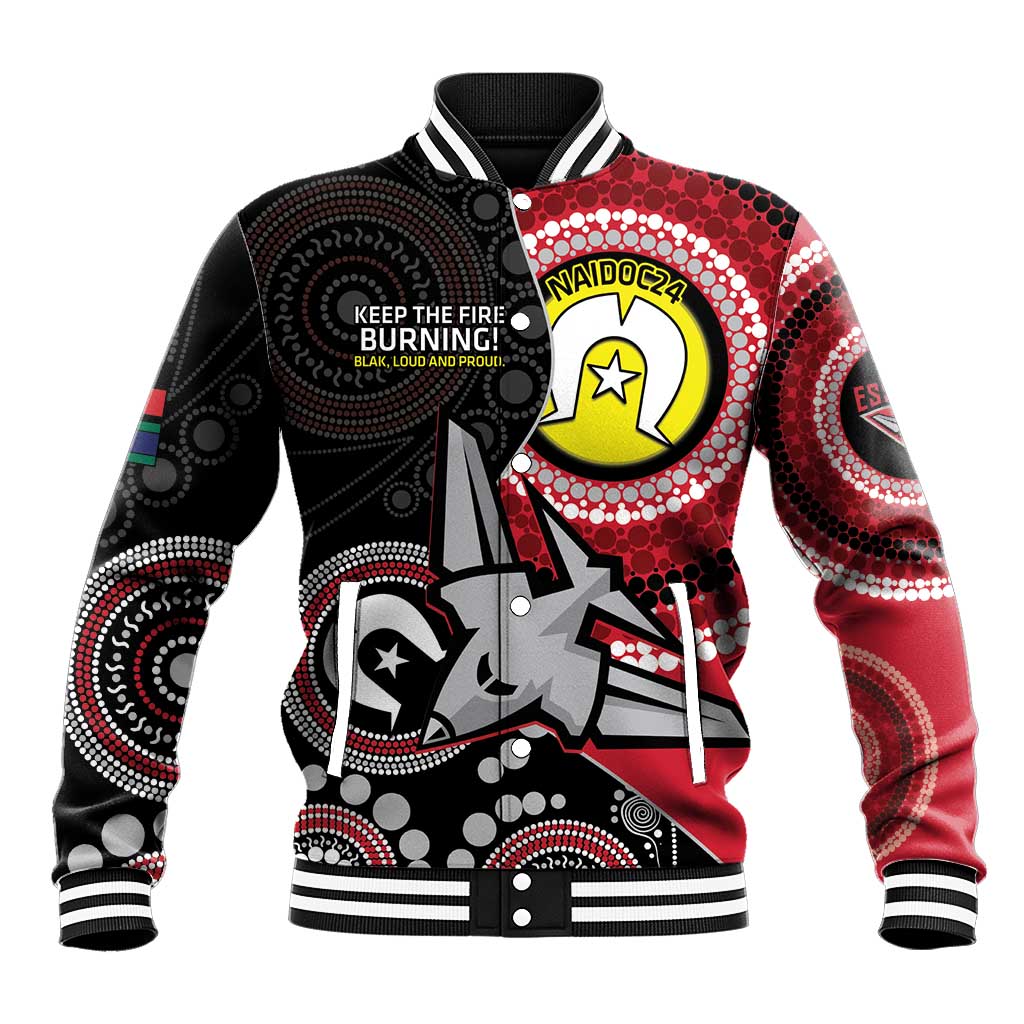 Custom AFL Essendon NAIDOC Week Baseball Jacket Keep The Fire Burning Indigenous Art