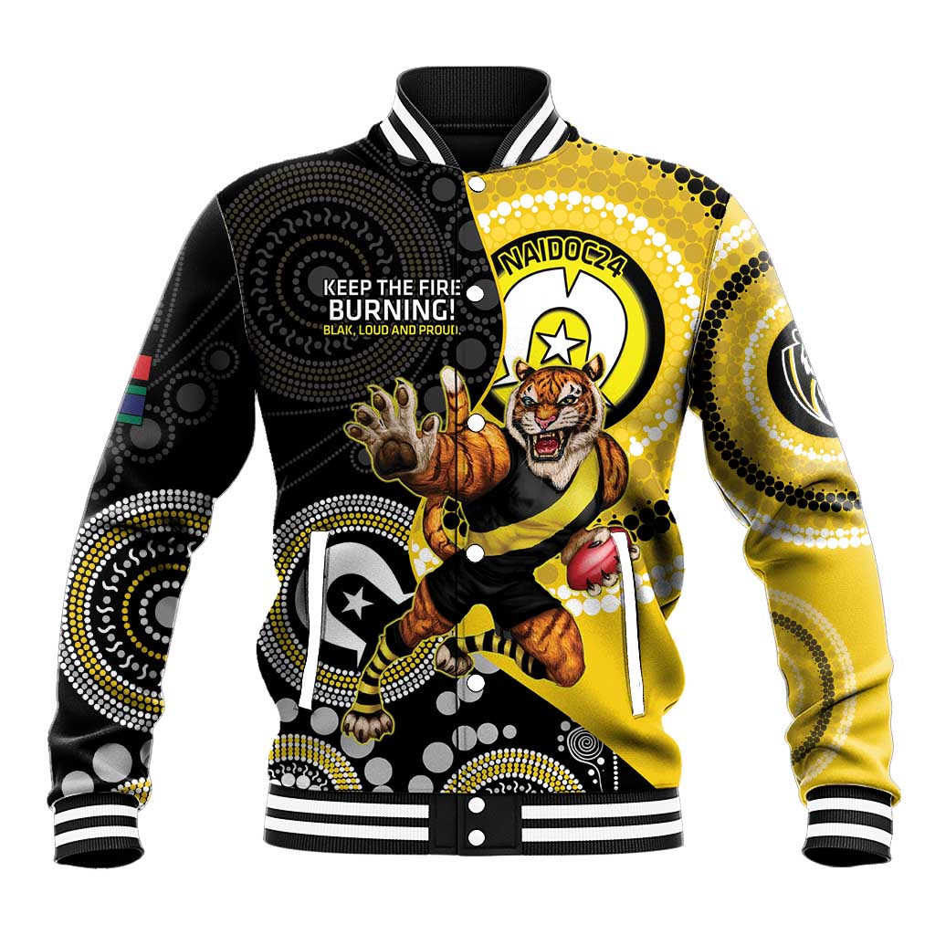 Custom AFL Richmond NAIDOC Week Baseball Jacket Keep The Fire Burning Indigenous Art