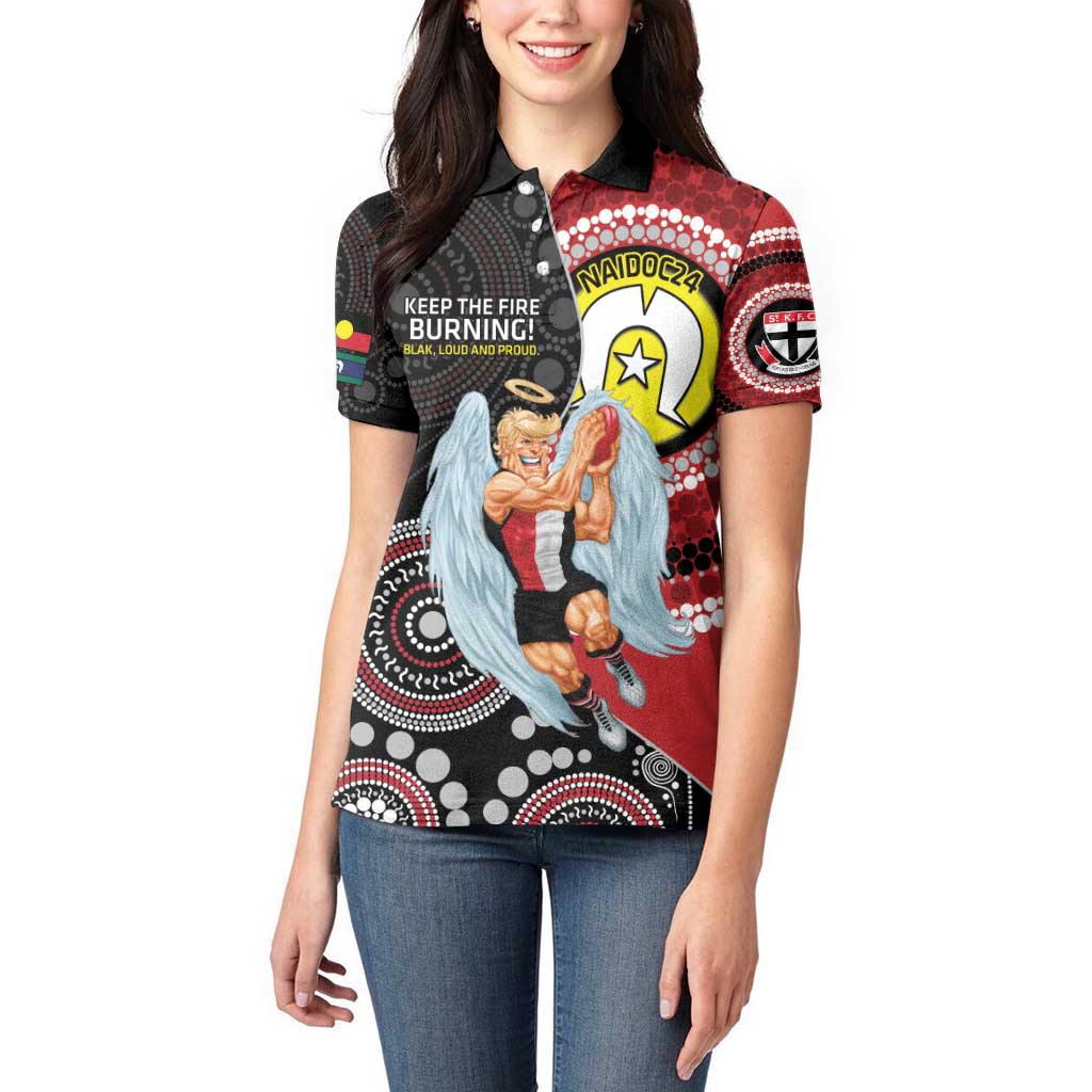 Custom AFL St Kilda NAIDOC Week Women Polo Shirt Keep The Fire Burning Indigenous Art