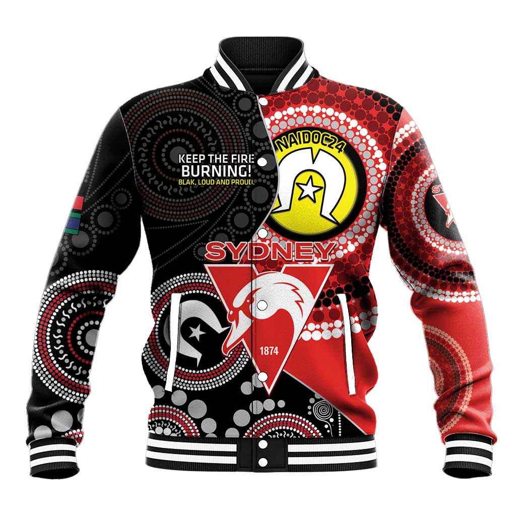 Custom AFL Swans NAIDOC Week Baseball Jacket Keep The Fire Burning Indigenous Art