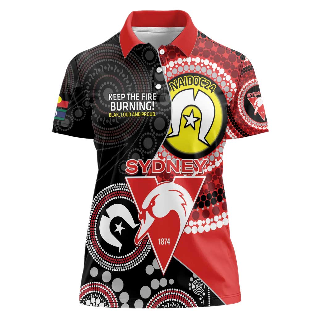 Custom AFL Swans NAIDOC Week Women Polo Shirt Keep The Fire Burning Indigenous Art