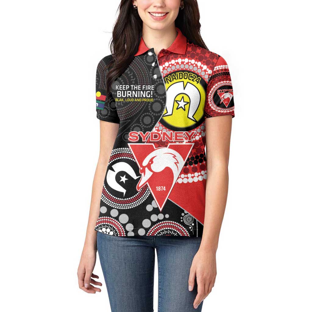 Custom AFL Swans NAIDOC Week Women Polo Shirt Keep The Fire Burning Indigenous Art