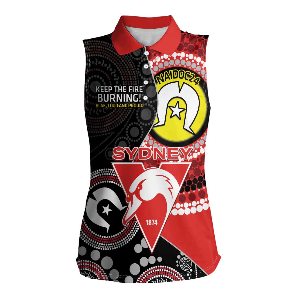 Custom AFL Swans NAIDOC Week Women Sleeveless Polo Shirt Keep The Fire Burning Indigenous Art