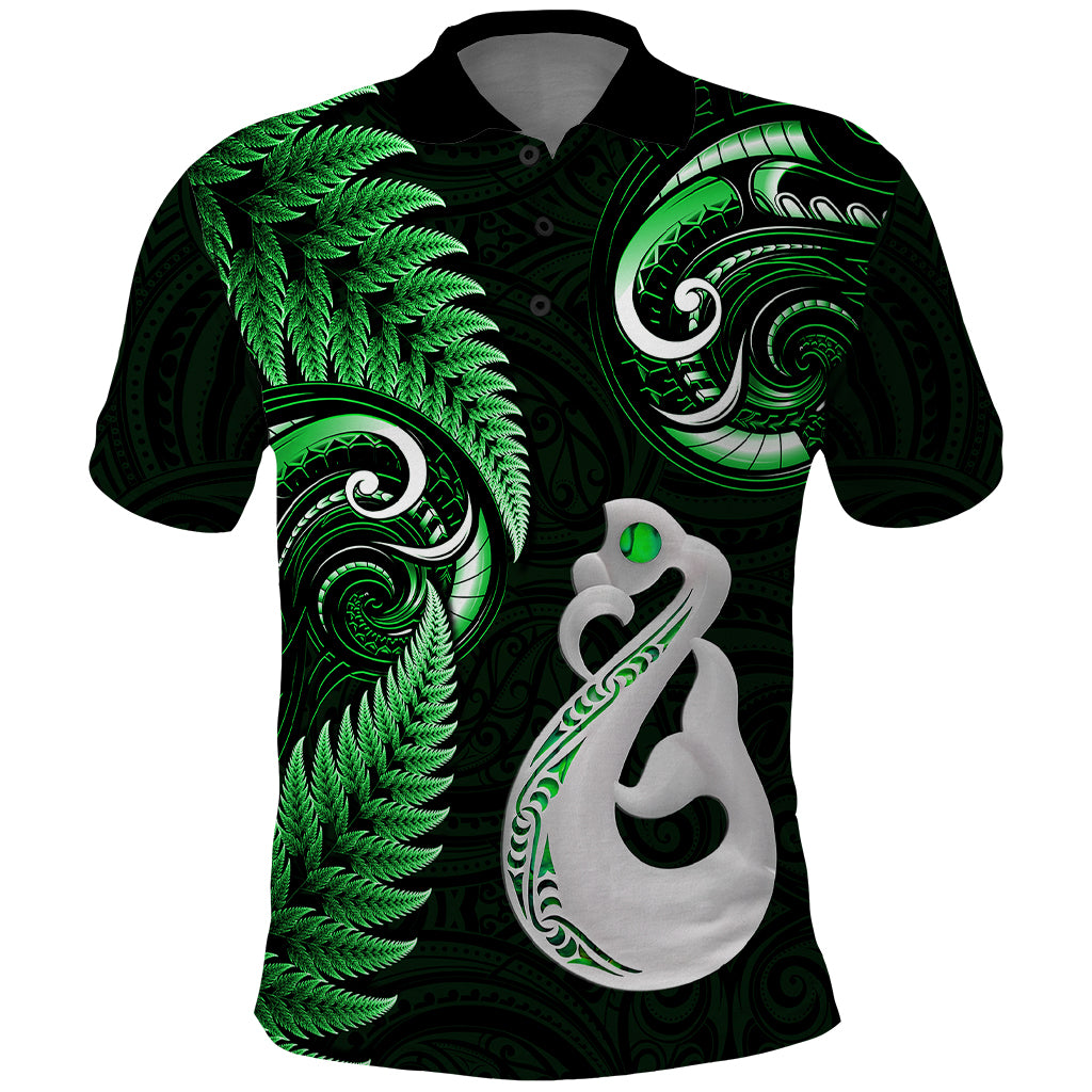 personalised-new-zealand-polo-shirt-aotearoa-silver-fern-with-manaia-maori-unique-green