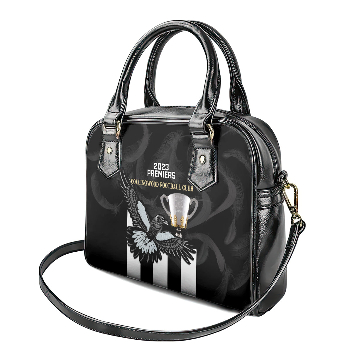 afl-collingwood-shoulder-handbag-magpies-premiers-2023-with-trophy-proud