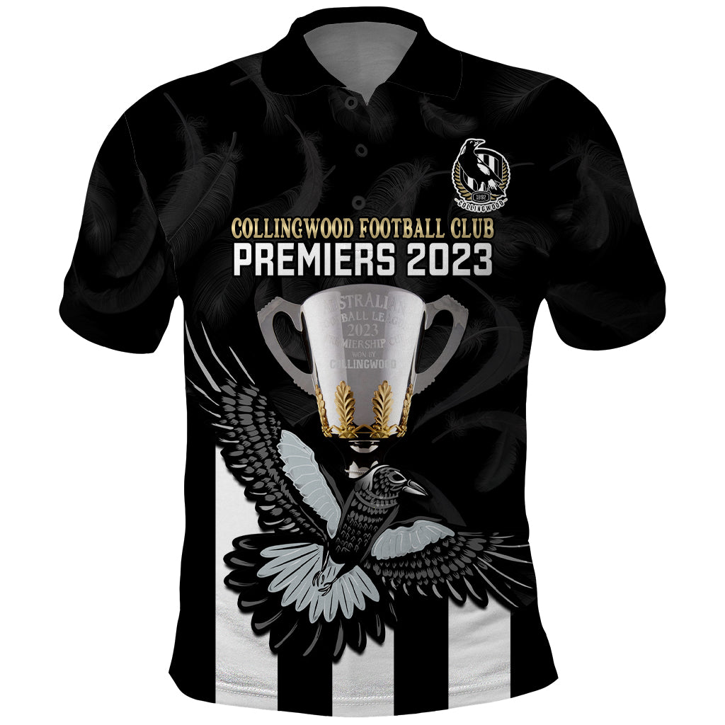 personalised-afl-collingwood-polo-shirt-magpies-premiers-2023-with-trophy-proud