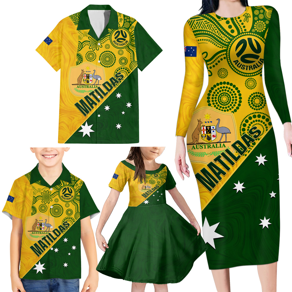 matildas-soccer-family-matching-long-sleeve-bodycon-dress-and-hawaiian-shirt-australian-indigenous-national-color