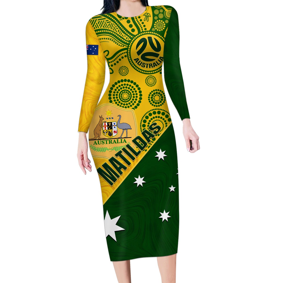 matildas-soccer-family-matching-long-sleeve-bodycon-dress-and-hawaiian-shirt-australian-indigenous-national-color