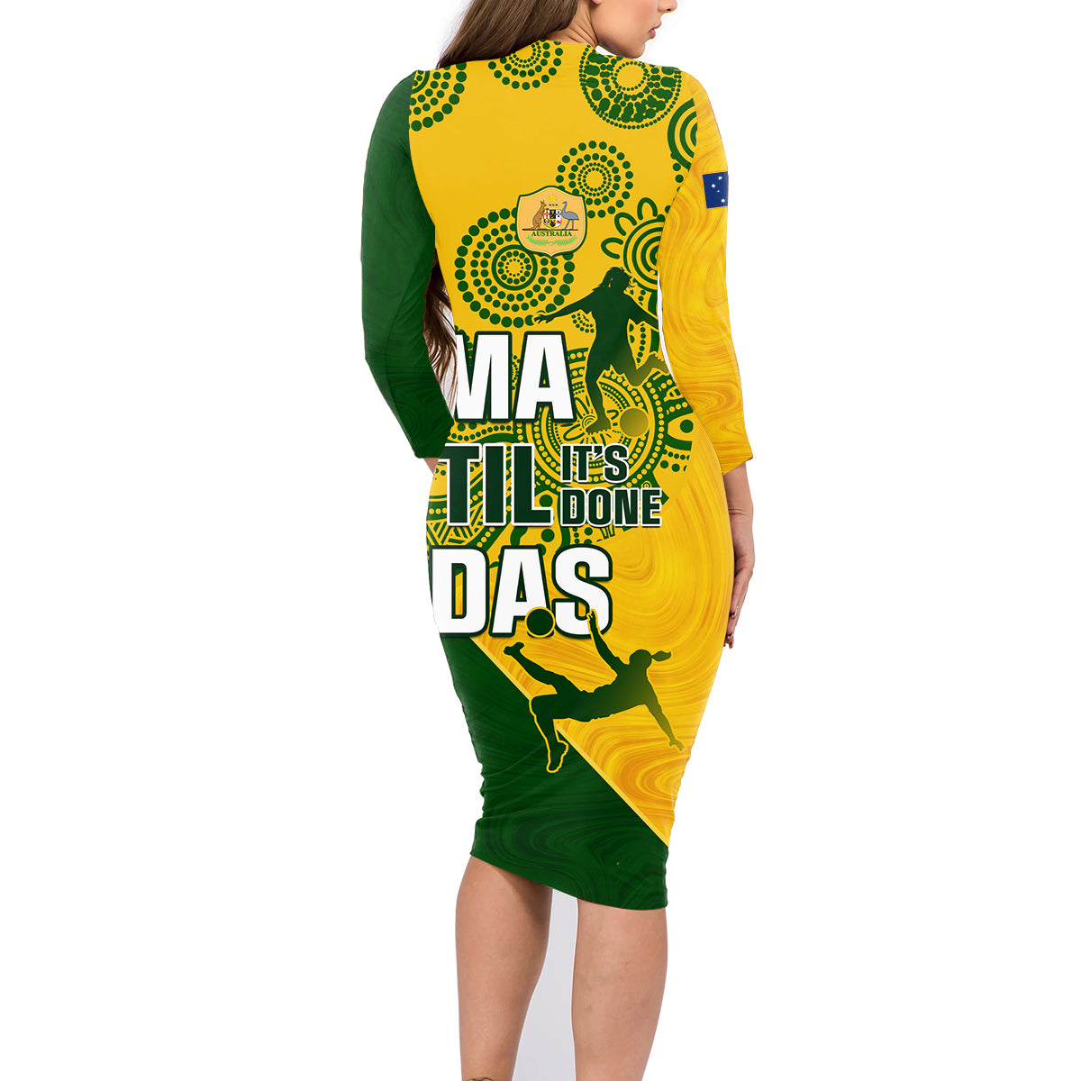 matildas-soccer-family-matching-long-sleeve-bodycon-dress-and-hawaiian-shirt-australian-indigenous-national-color