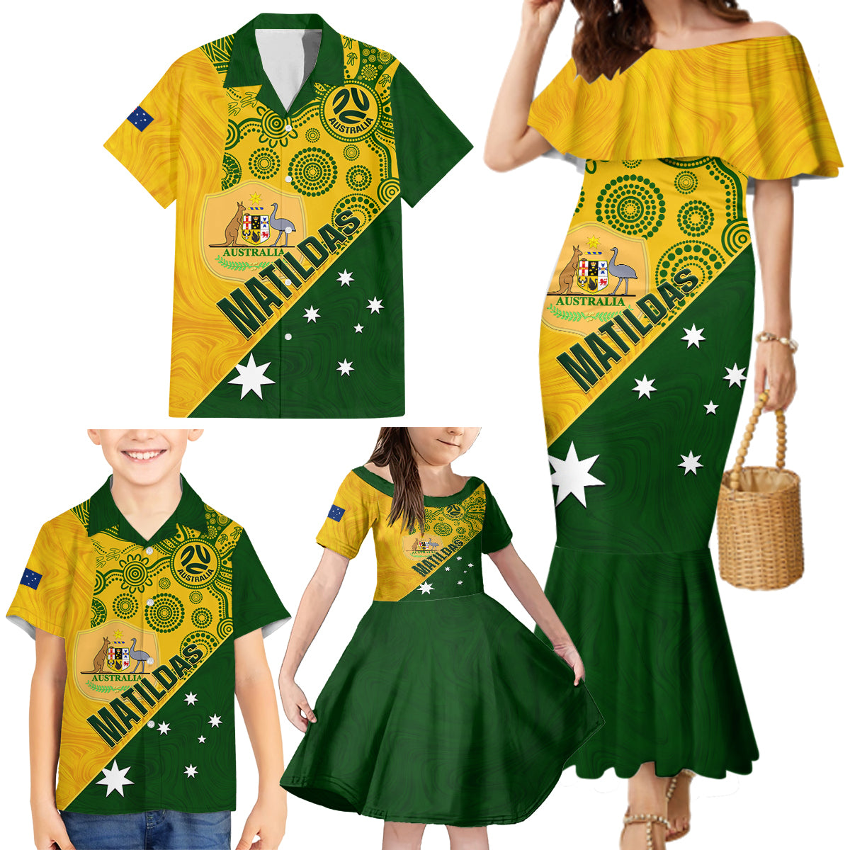 matildas-soccer-family-matching-mermaid-dress-and-hawaiian-shirt-australian-indigenous-national-color